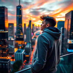 A cool person standing and looking over a vibrant cityscape, wearing a stylish hoodie sweater