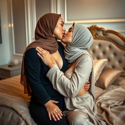 A luxurious bedroom setting featuring two women, one 45 years old and the other 18 years old, both wearing stylish hijabs