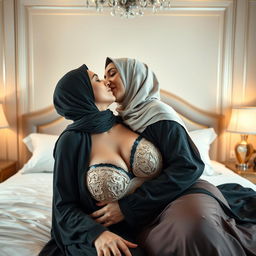 A luxurious bedroom setting featuring two women, one 45 years old and the other 18 years old, both wearing stylish hijabs