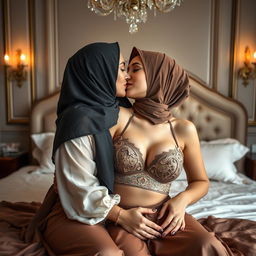 A luxurious bedroom setting featuring two women, one 45 years old and the other 18 years old, both wearing stylish hijabs