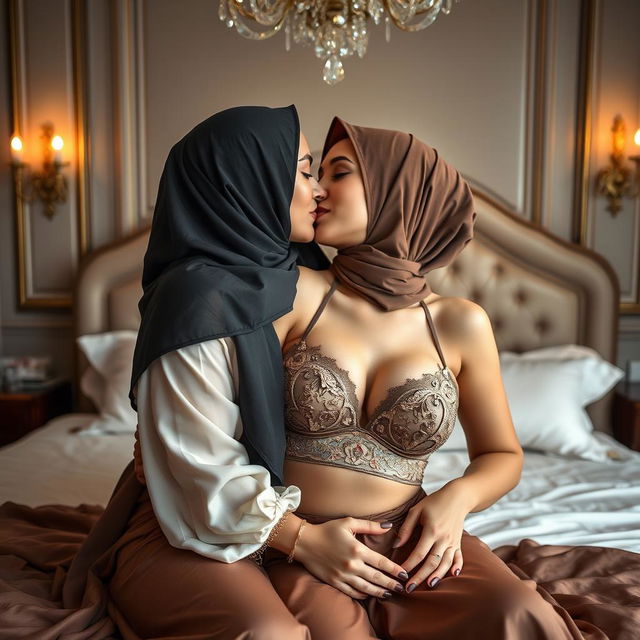 A luxurious bedroom setting featuring two women, one 45 years old and the other 18 years old, both wearing stylish hijabs