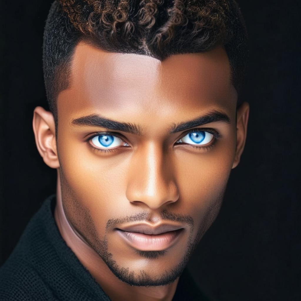 teenager , the hero of a fantasy novel, dark hair, blue eyes, dark skin,  very handsome, powerful gaze, truth master , ironic gaze,
