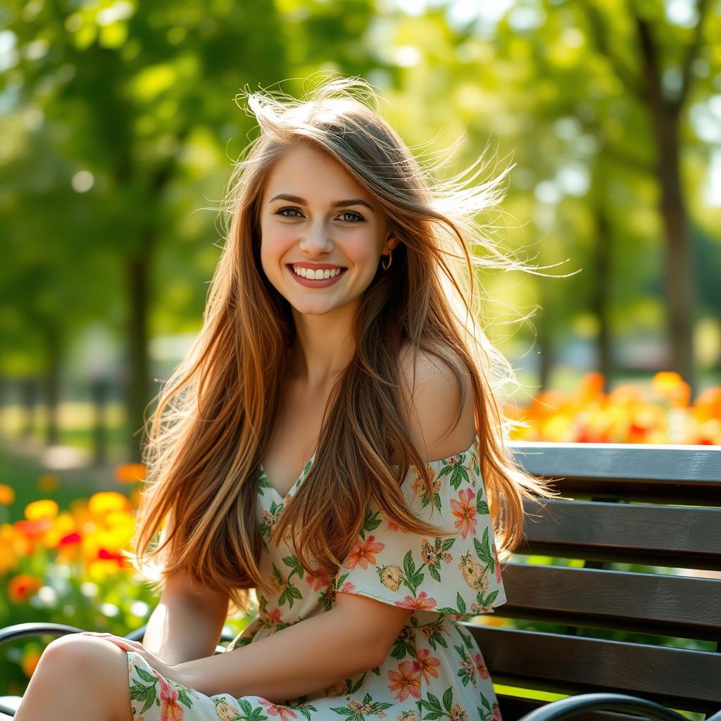 A portrait of a young woman with long, flowing hair, wearing a stylish, summer floral dress