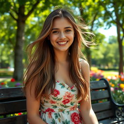 A portrait of a young woman with long, flowing hair, wearing a stylish, summer floral dress