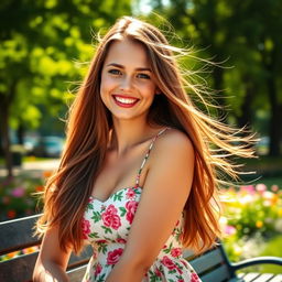 A portrait of a young woman with long, flowing hair, wearing a stylish, summer floral dress