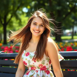 A portrait of a young woman with long, flowing hair, wearing a stylish, summer floral dress