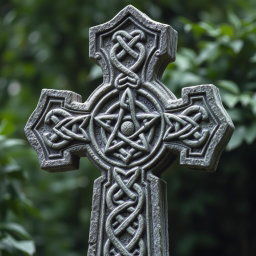 An intricate Celtic Cross featuring a pentagram at its center, beautifully adorned with traditional Celtic knots intricately woven into the design
