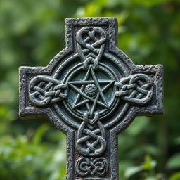 An intricate Celtic Cross featuring a pentagram at its center, beautifully adorned with traditional Celtic knots intricately woven into the design