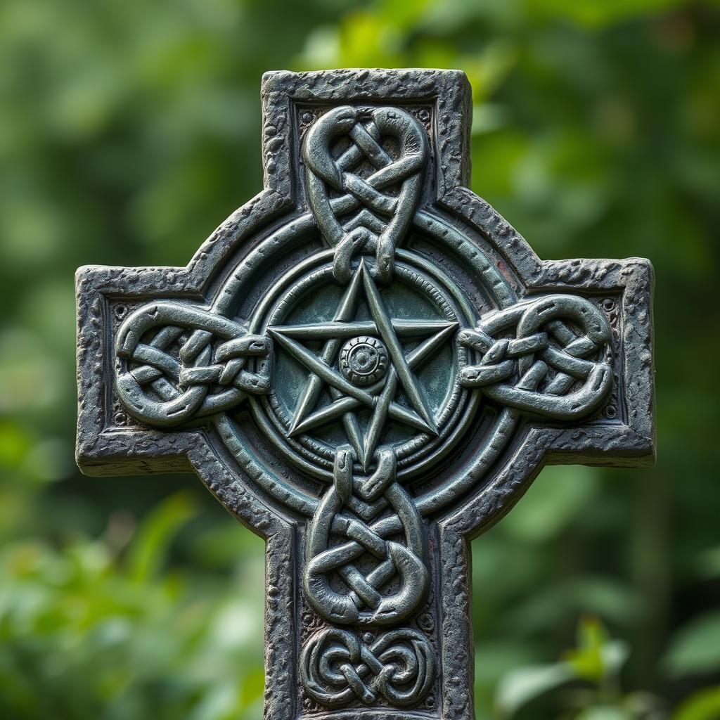 An intricate Celtic Cross featuring a pentagram at its center, beautifully adorned with traditional Celtic knots intricately woven into the design