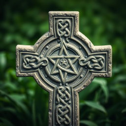 An intricate Celtic Cross featuring a pentagram at its center, beautifully adorned with traditional Celtic knots intricately woven into the design
