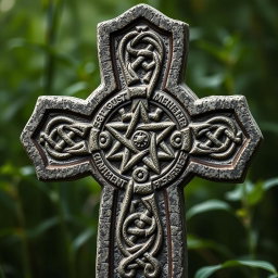 An intricate Celtic Cross featuring a pentagram at its center, beautifully adorned with traditional Celtic knots intricately woven into the design