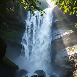 A majestic waterfall cascading down rocky cliffs, surrounded by lush green vegetation