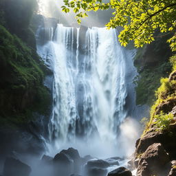 A majestic waterfall cascading down rocky cliffs, surrounded by lush green vegetation