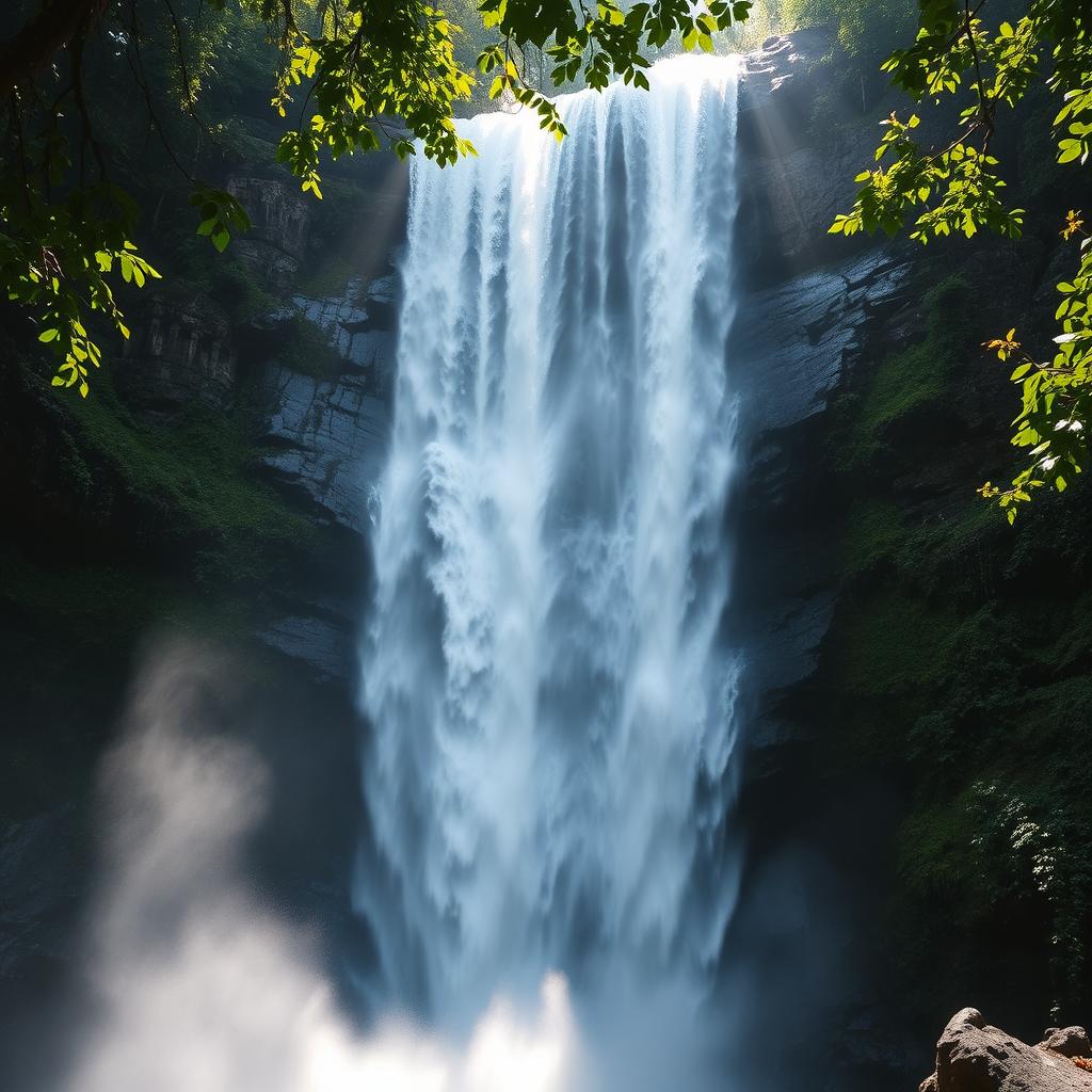 A majestic waterfall cascading down rocky cliffs, surrounded by lush green vegetation