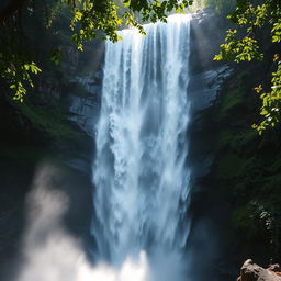 A majestic waterfall cascading down rocky cliffs, surrounded by lush green vegetation