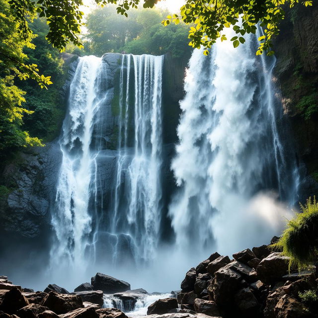 A majestic waterfall cascading down rocky cliffs, surrounded by lush green vegetation