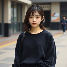 A Korean girl with almost black brown hair, dark brown eyes, pale white skin with freckles, wearing a black sweatshirt, loose-fitting pants, and black and white sneakers