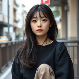 A Korean girl with almost black brown hair, dark brown eyes, pale white skin with freckles, wearing a black sweatshirt, loose-fitting pants, and black and white sneakers
