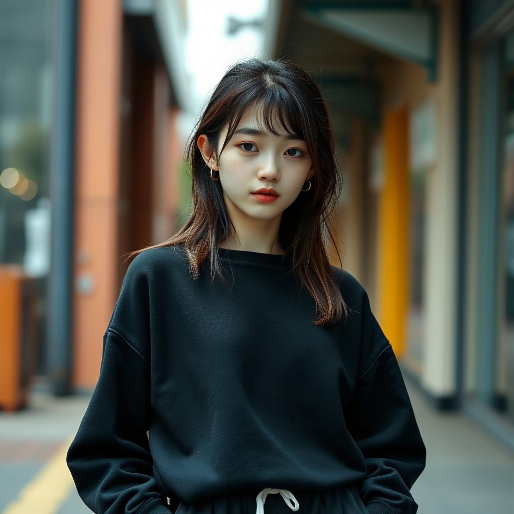 A Korean girl with almost black brown hair, dark brown eyes, pale white skin with freckles, wearing a black sweatshirt, loose-fitting pants, and black and white sneakers