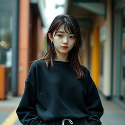 A Korean girl with almost black brown hair, dark brown eyes, pale white skin with freckles, wearing a black sweatshirt, loose-fitting pants, and black and white sneakers