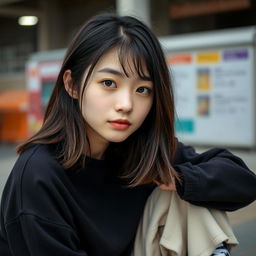 A Korean girl with almost black brown hair, dark brown eyes, pale white skin with freckles, wearing a black sweatshirt, loose-fitting pants, and black and white sneakers