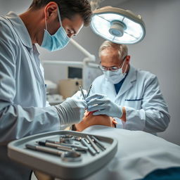 A close-up view of a dental surgery scene, featuring a dentist in a white coat carefully performing a tooth extraction on a patient in a dental chair