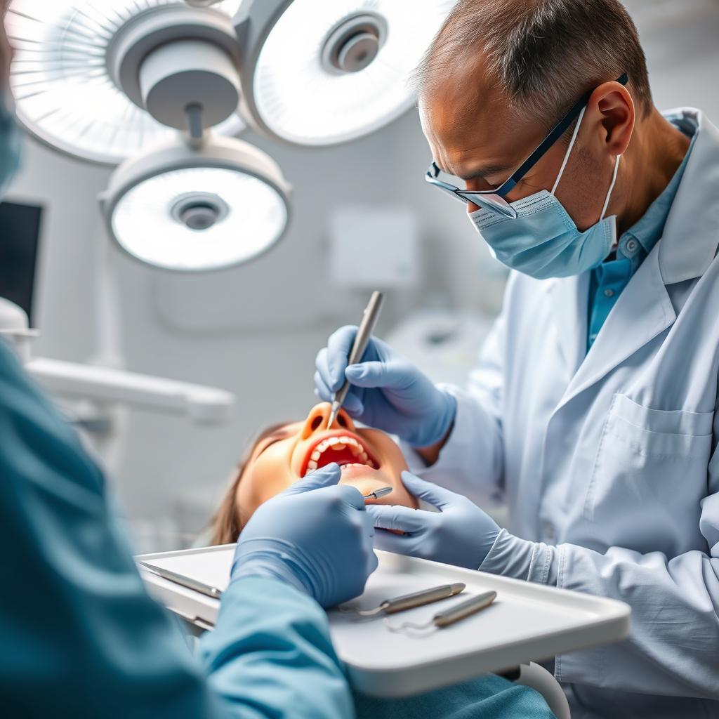A close-up view of a dental surgery scene, featuring a dentist in a white coat carefully performing a tooth extraction on a patient in a dental chair