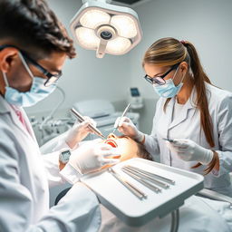 A close-up view of a dental surgery scene, featuring a dentist in a white coat carefully performing a tooth extraction on a patient in a dental chair