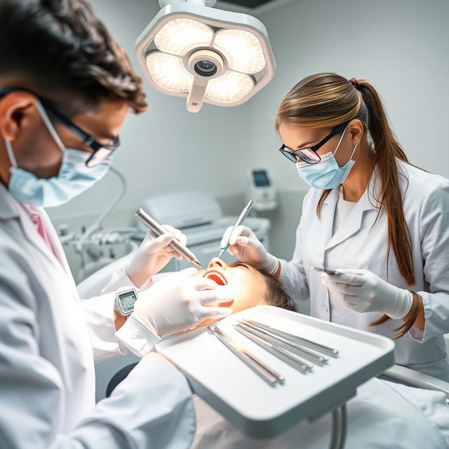 A close-up view of a dental surgery scene, featuring a dentist in a white coat carefully performing a tooth extraction on a patient in a dental chair