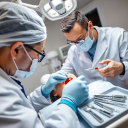 A close-up view of a dental surgery scene, featuring a dentist in a white coat carefully performing a tooth extraction on a patient in a dental chair