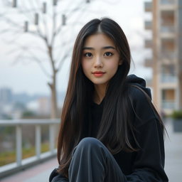 A beautiful Korean girl with long dark brown hair, almost black