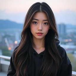 A beautiful Korean girl with long dark brown hair, almost black