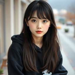 A beautiful Korean girl with long dark brown hair, almost black