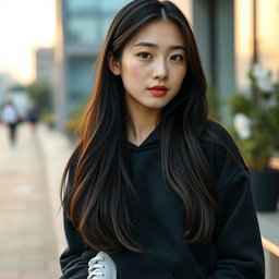 A beautiful Korean girl with long dark brown hair, almost black