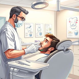 A detailed and realistic illustration of a dental surgery scene, featuring a dentist and dental assistant in a modern clinic