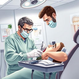 A detailed and realistic illustration of a dental surgery scene, featuring a dentist and dental assistant in a modern clinic