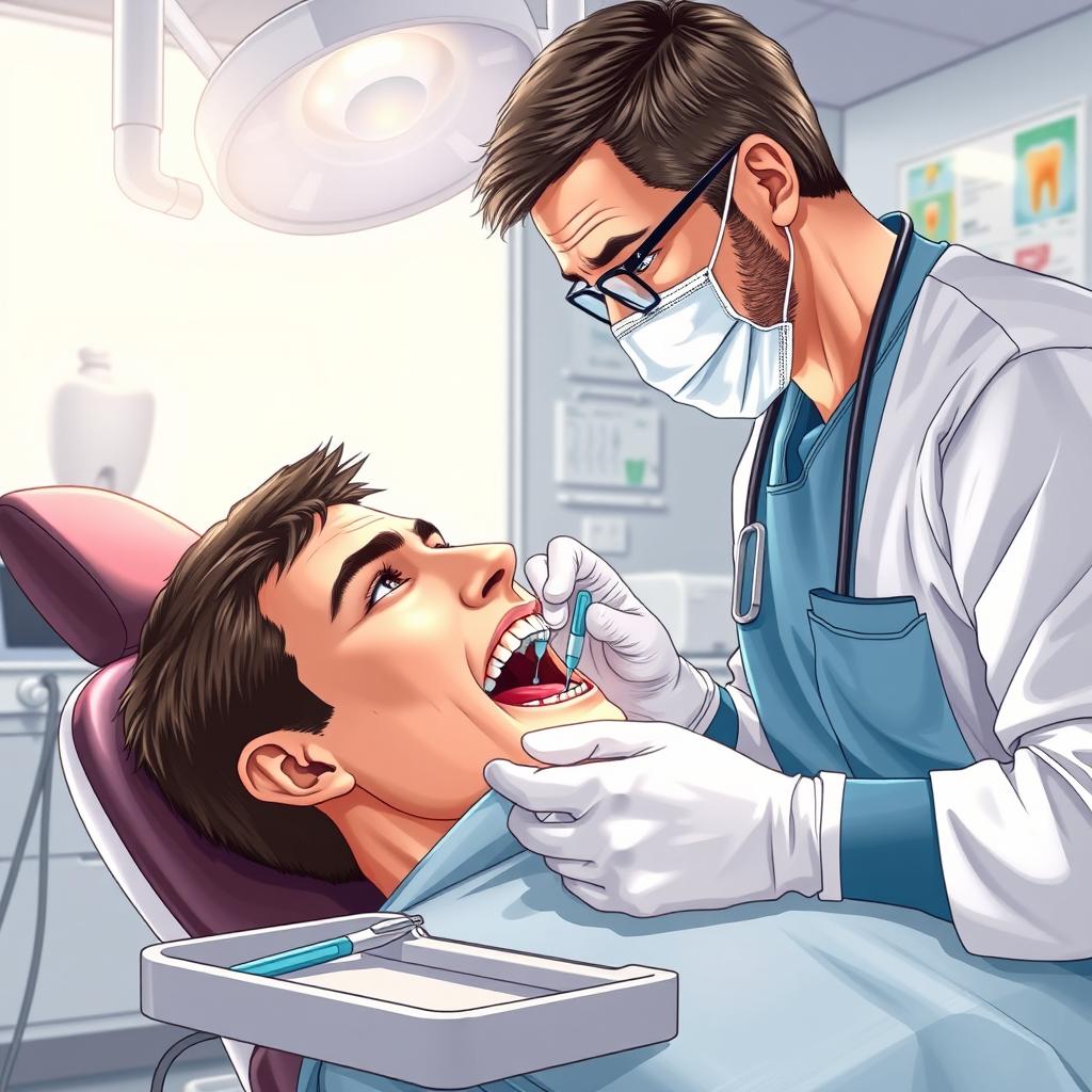 A detailed and realistic illustration of a dental surgery scene, featuring a dentist and dental assistant in a modern clinic