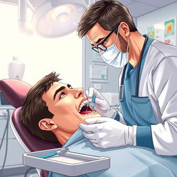 A detailed and realistic illustration of a dental surgery scene, featuring a dentist and dental assistant in a modern clinic