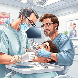 A detailed and realistic illustration of a dental surgery scene, featuring a dentist and dental assistant in a modern clinic
