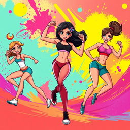 A vibrant and dynamic illustration of athletic animated women showcasing their strength and agility in an abstract, colorful background