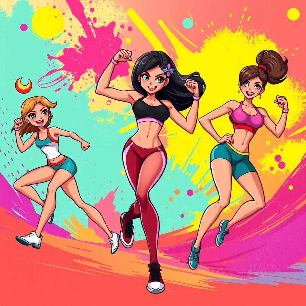 A vibrant and dynamic illustration of athletic animated women showcasing their strength and agility in an abstract, colorful background