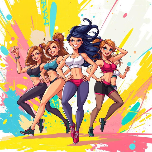 A vibrant and dynamic illustration of athletic animated women showcasing their strength and agility in an abstract, colorful background