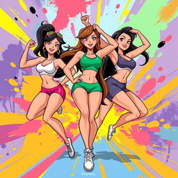 A vibrant and dynamic illustration of athletic animated women showcasing their strength and agility in an abstract, colorful background