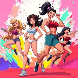 A vibrant and dynamic illustration of athletic animated women showcasing their strength and agility in an abstract, colorful background