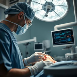 A close-up shot of a dental surgery scene, featuring a dental surgeon in scrubs and gloves, focused on a patient in a dental chair