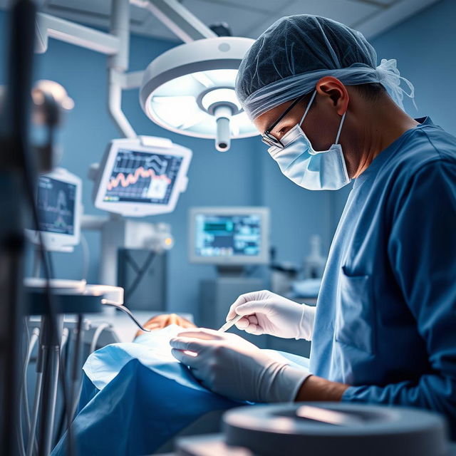 A close-up shot of a dental surgery scene, featuring a dental surgeon in scrubs and gloves, focused on a patient in a dental chair