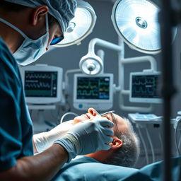 A close-up shot of a dental surgery scene, featuring a dental surgeon in scrubs and gloves, focused on a patient in a dental chair