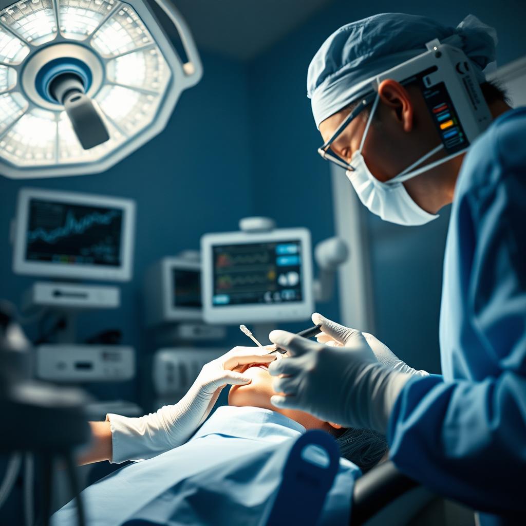 A close-up shot of a dental surgery scene, featuring a dental surgeon in scrubs and gloves, focused on a patient in a dental chair