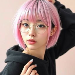A tall Korean girl with very fair skin, medium short hair dyed pastel pink with black tips, and bangs