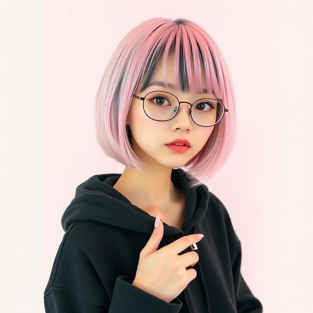 A tall Korean girl with very fair skin, medium short hair dyed pastel pink with black tips, and bangs